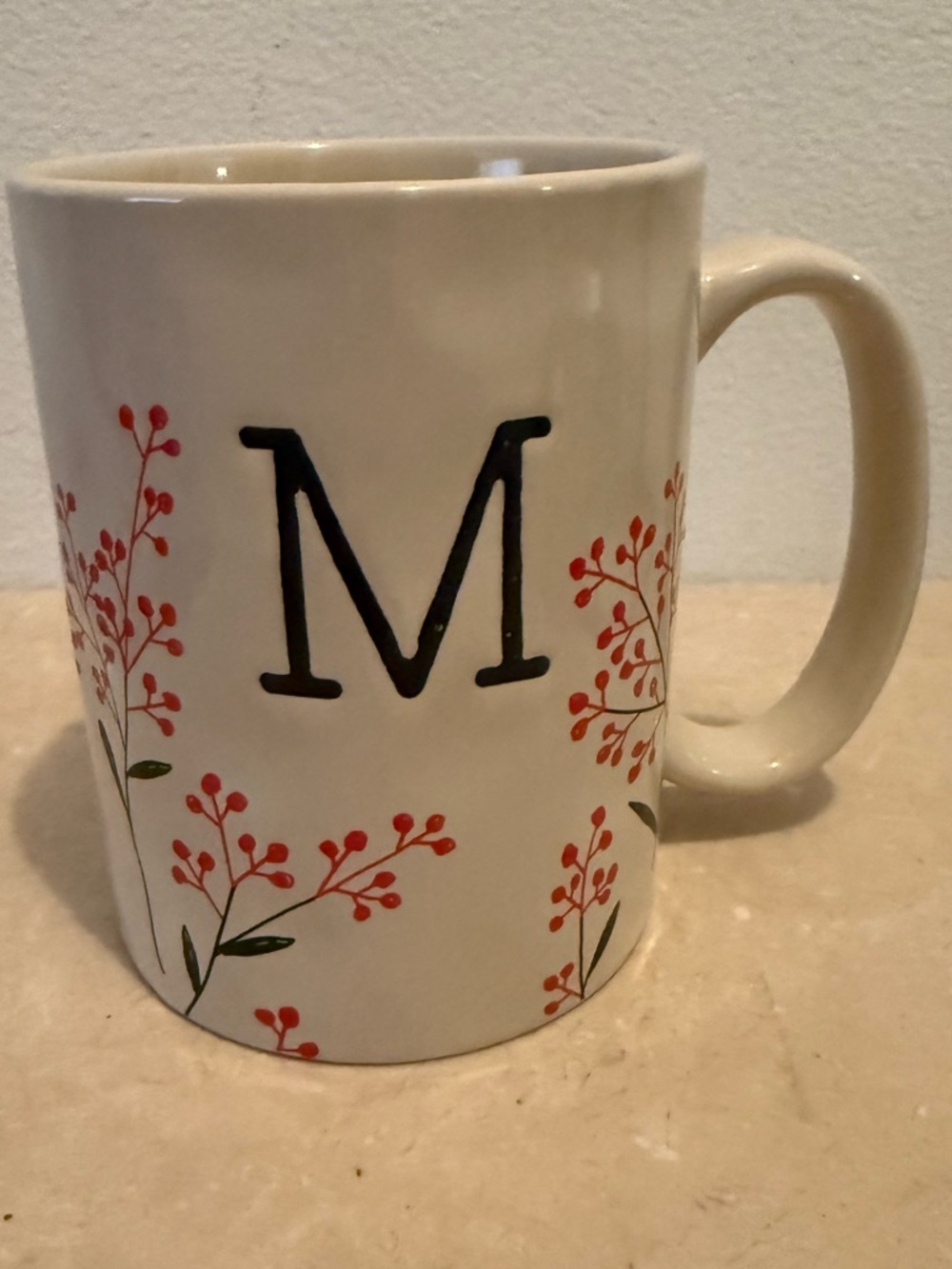 Anthropologie Botanical Monogram M hand-painted floral design mug. 16oz